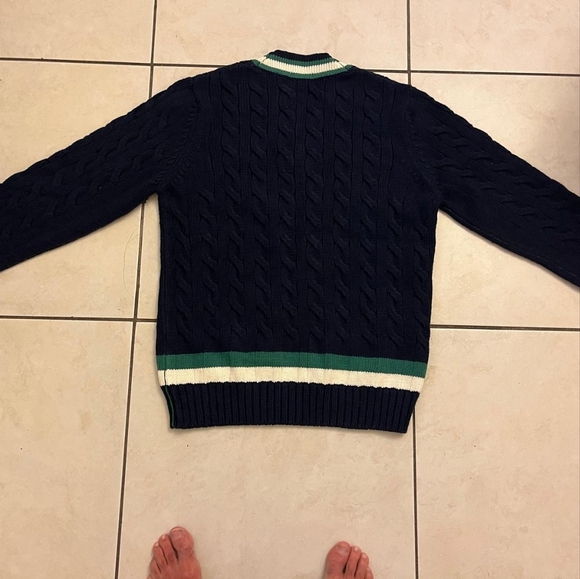 Lacoste Unisex V-Neck Sweater in Navy with Green and White Stripes, Used - Picture 3 of 3